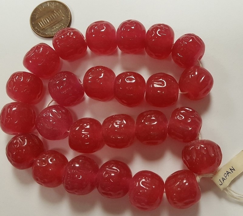 24 VINTAGE JAPAN CHERRY BRAND GLASS DARK PINK 14mm. BAROQUE ROUND BEADS 4614T