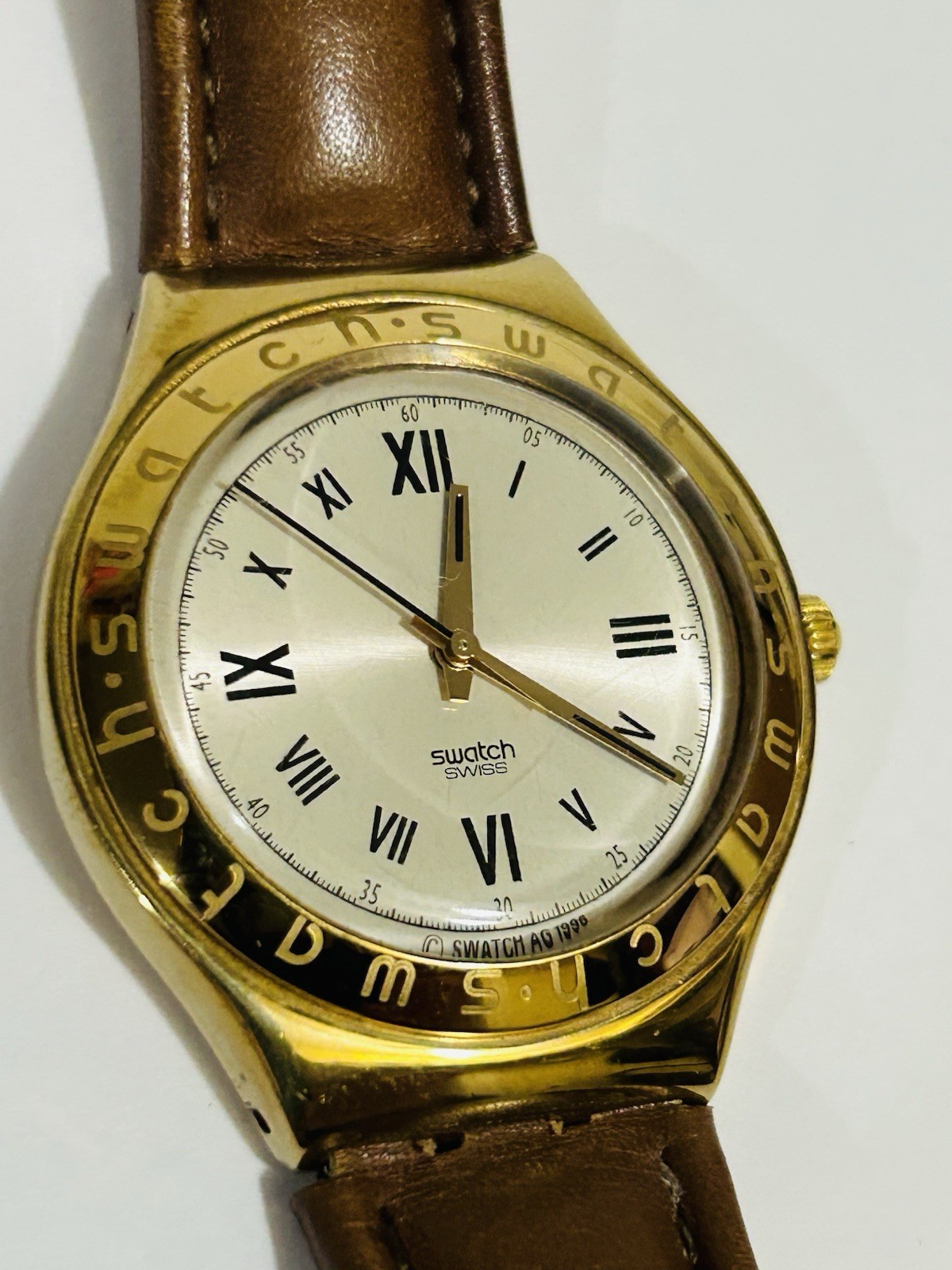 Swatch Swiss Lot of 2 Quartz Gold Tone Roman Dial Leather Strap Watches