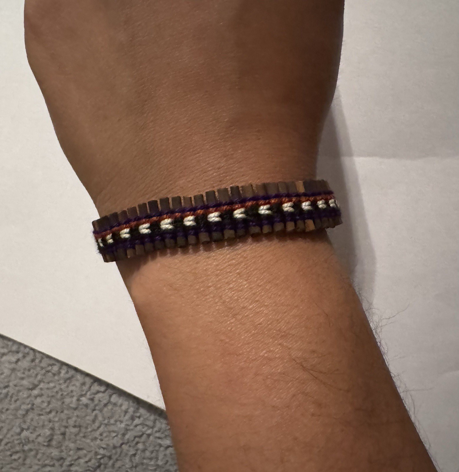 Purple Brown White Cord Beaded Wrap Bracelet, Adjustable Closure