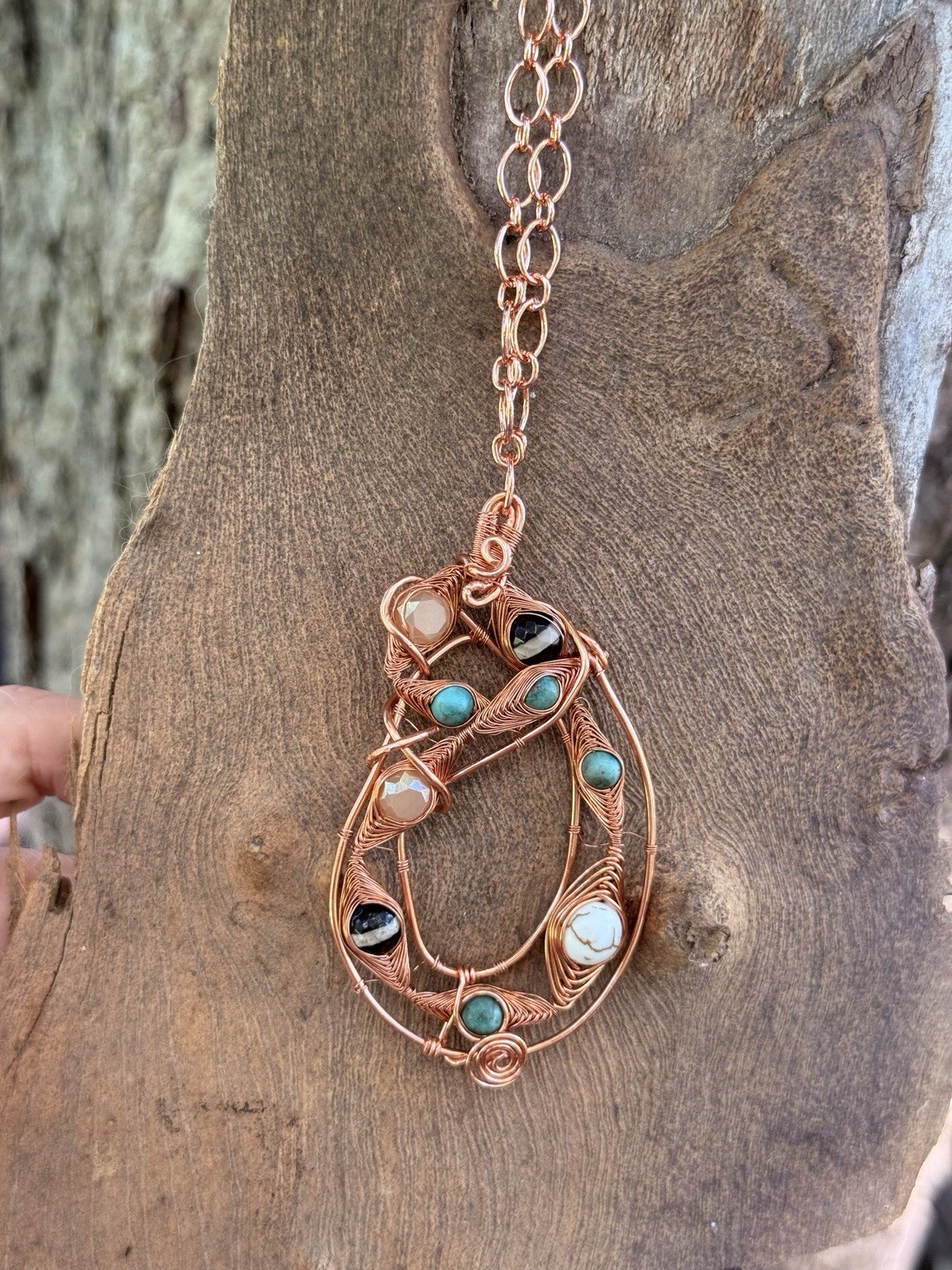 Handmade Copper Wire Wrapped Pendant Necklace Western Boho Beaded Jewelry