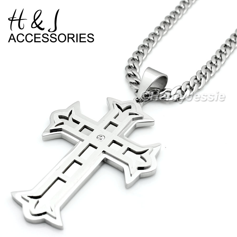 18-40″MEN Stainless Steel 6mm Silver Cuban Curb Link Chain CZ Cross Pendant*PL5