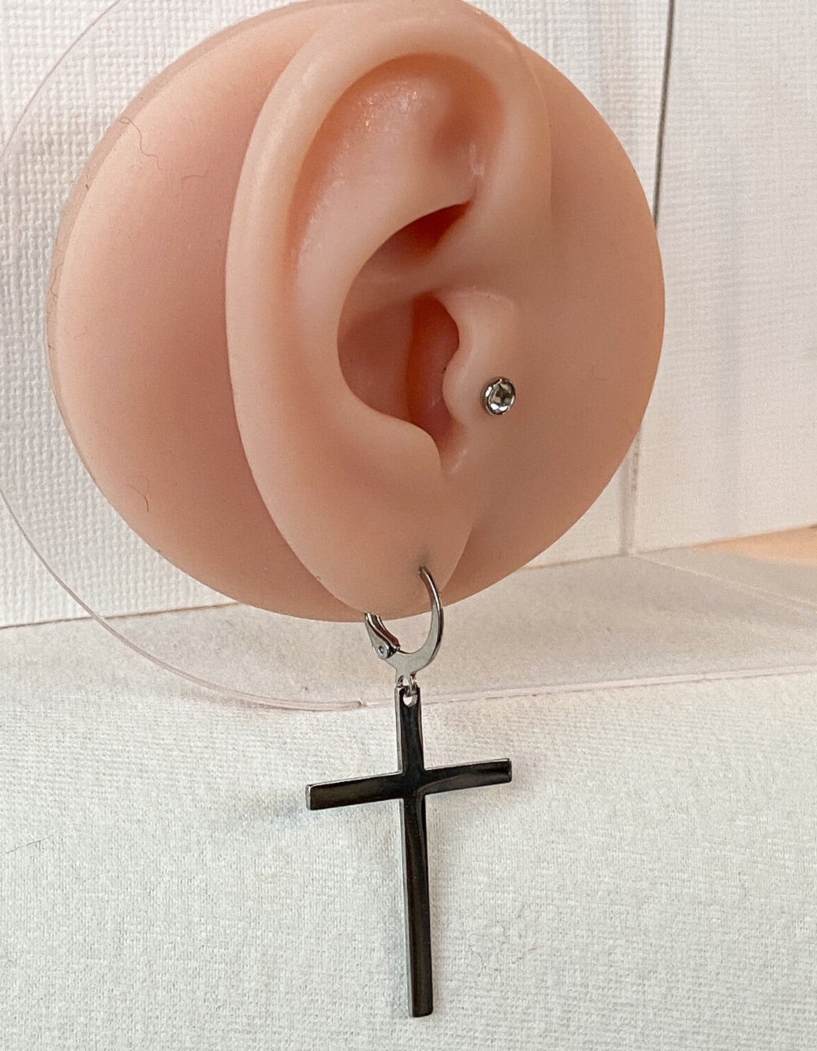PAIR Hoop Earrings w/ Large Cross Dangle Stainless Steel – Gold, Black or Silver