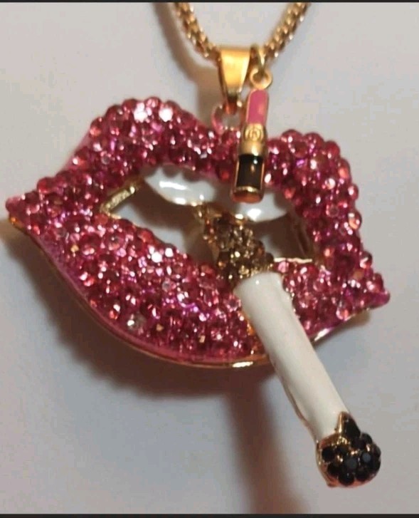 Betsey Johnson Light Pink Rhinestone Lips With A Cigarette Shaped Necklace