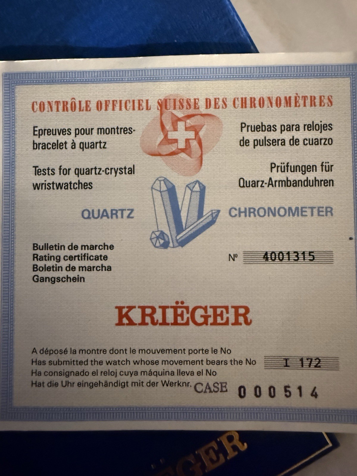 Krieger Quartz Chronometer Watch #4001315 with Box & Certificates