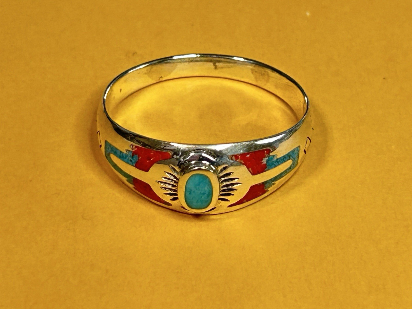 Southwest Silver Ring Native American Indian Style Turquoise with Red Coral