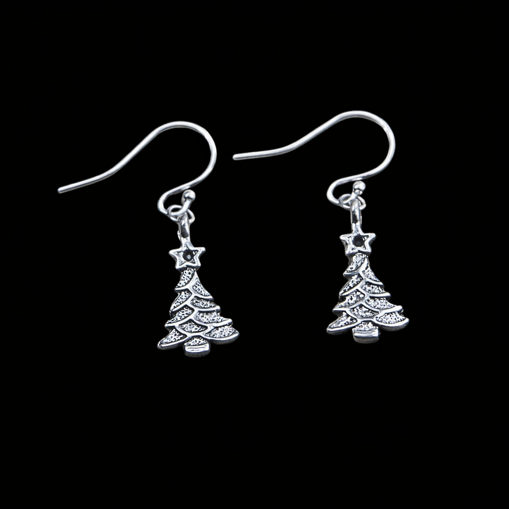 Silver Christmas Tree with Star Earrings & SOLID 925 Sterling Silver Ear Wires