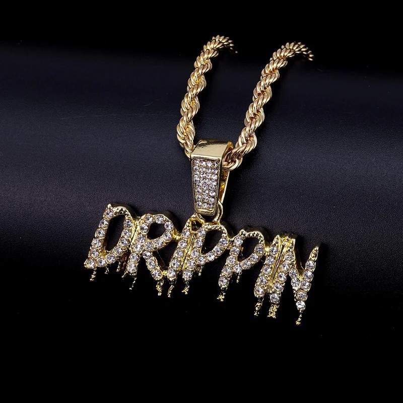 Iced Gold Plated DRIPPIN Letters CZ Pendant 4mm 24″ Rope Chain Hip Hop Necklace