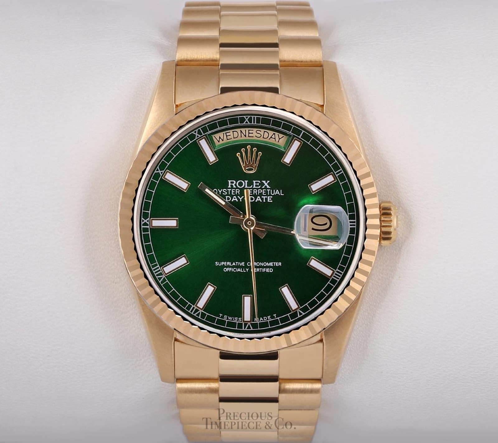 Rolex Day-Date 18038 Presidential 18k Gold 36mm Watch-Green Stick Marker Dial