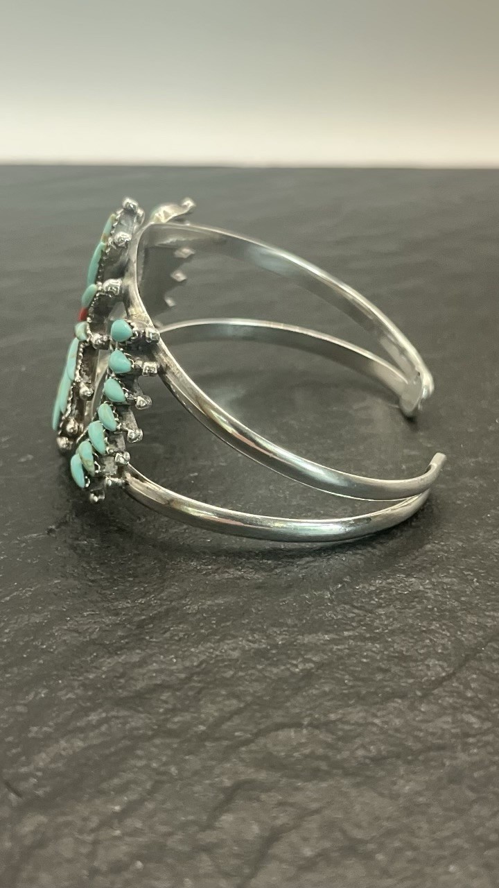 Zuni Sterling Silver Coral and Turquoise Needle + Petit Point Floral Cuff