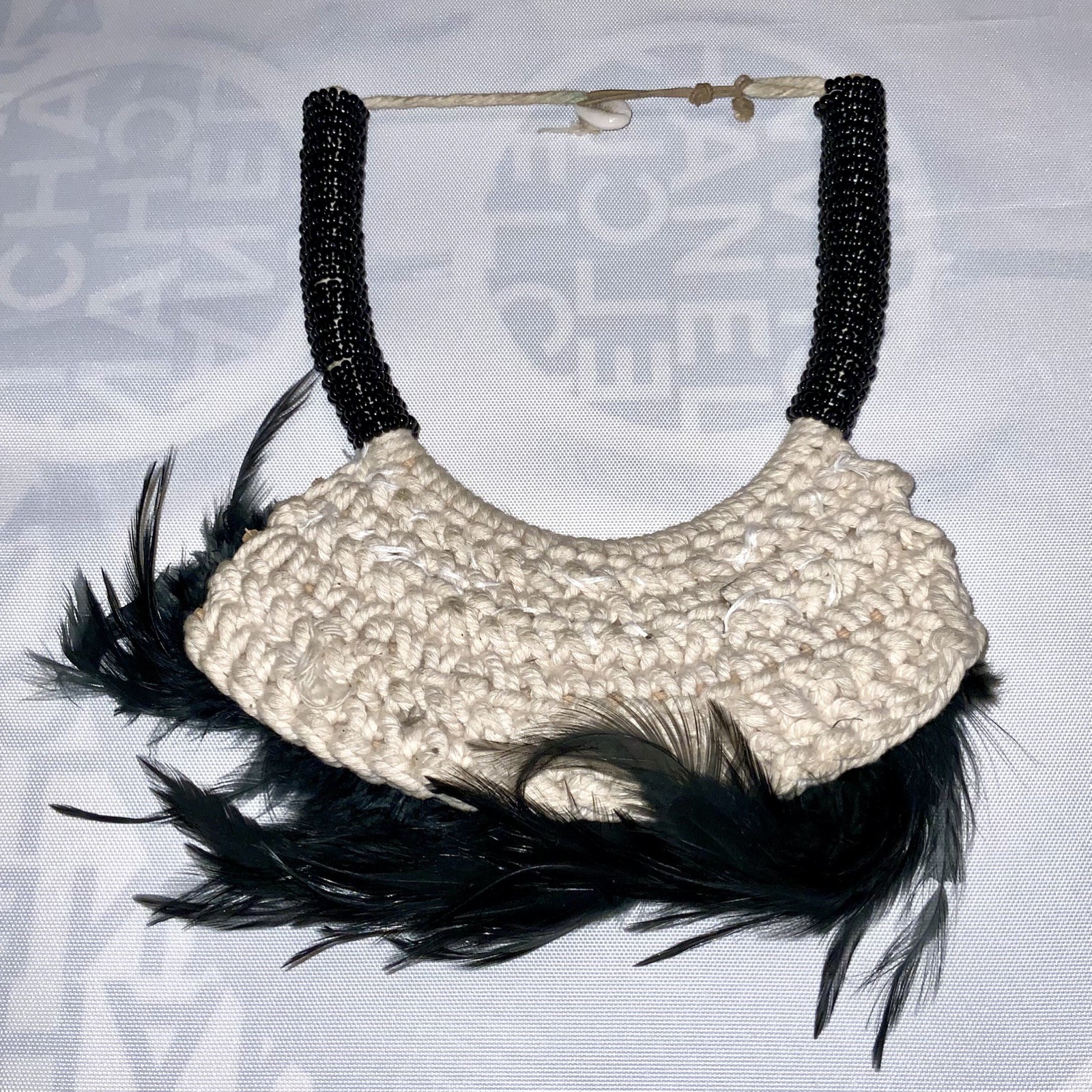 Papua New Guinea Feathered Cowrie Shell Necklace Tribal Band hand weaved Fabric