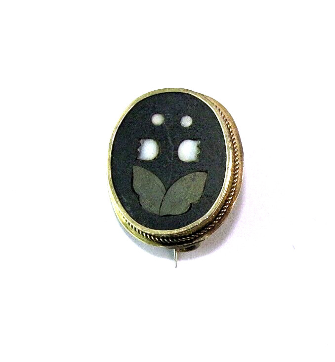 Victorian 14K Gold Brooch Antique Pietra Dura Mosaic Inlay Lily of the Valley