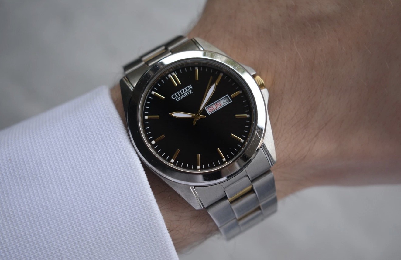 Citizen Quartz Two Tone Men’s Solar Quartz Bracelet Watch Black Dial Day Date