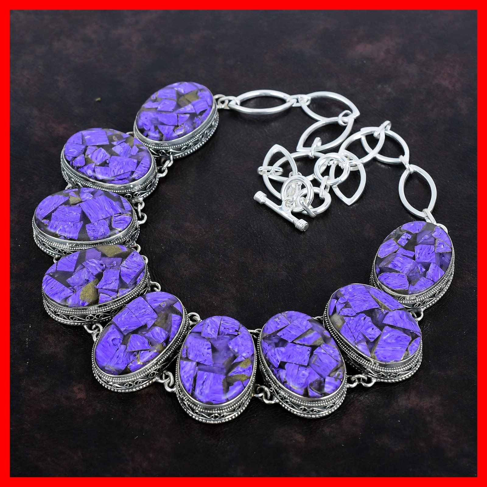 Valentines Sale Copper Charoite Stone 925 Silver Vintage Chain Artisan Necklace