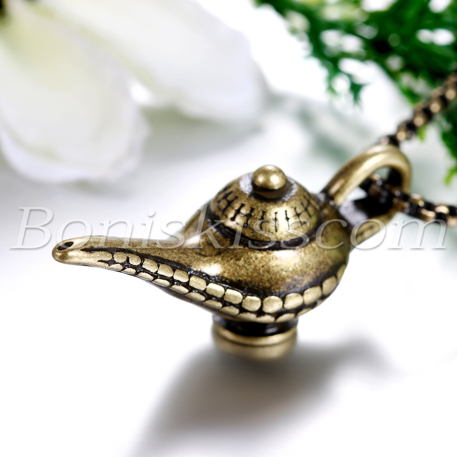 Mens Retro Bronze Tone Aladdin Magic Lamp Stainless Steel Pendant Necklace Chain