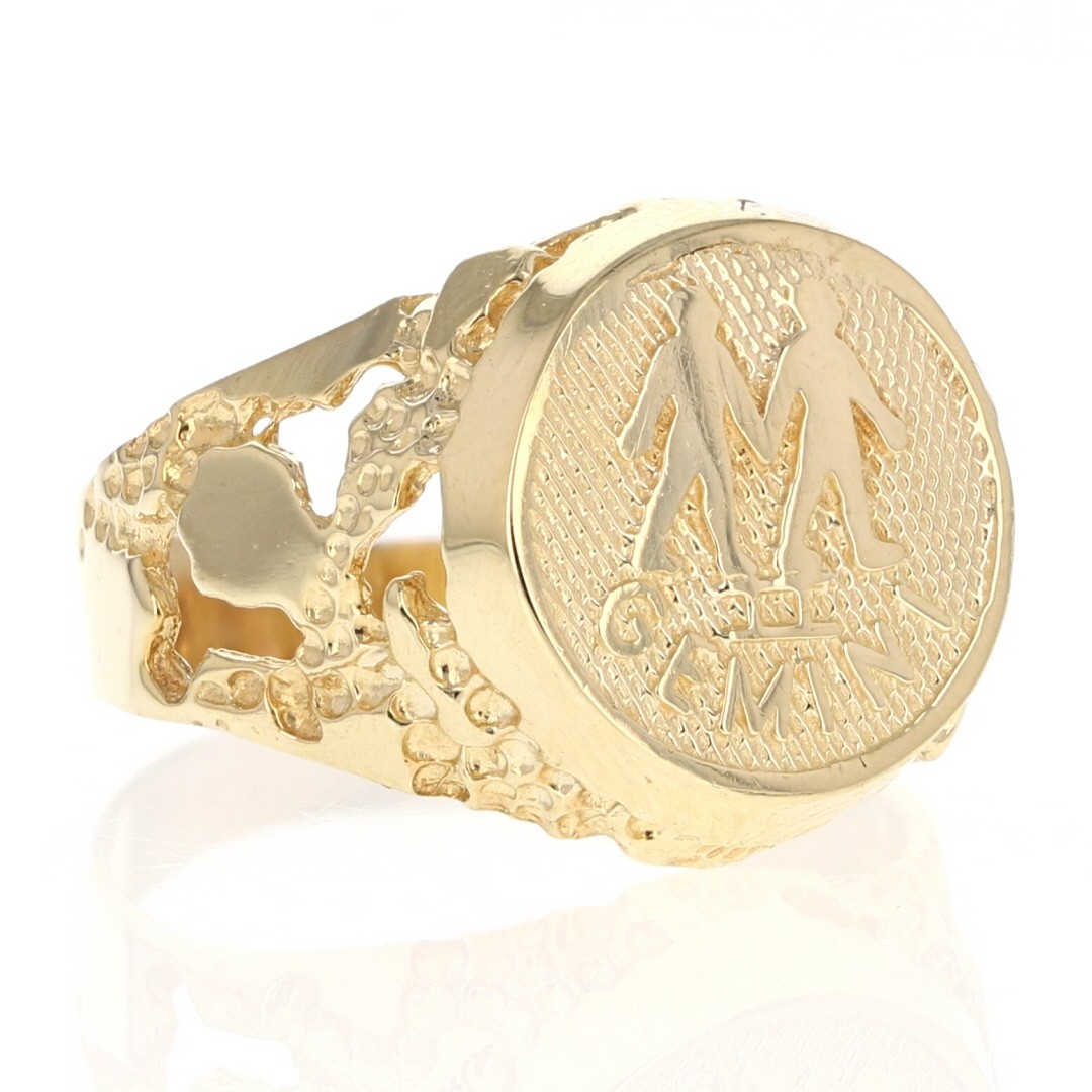 14.7mm Gemini Zodiac Medallion Nugget Signet Ring 14k Yellow Gold 5.47g Size 9