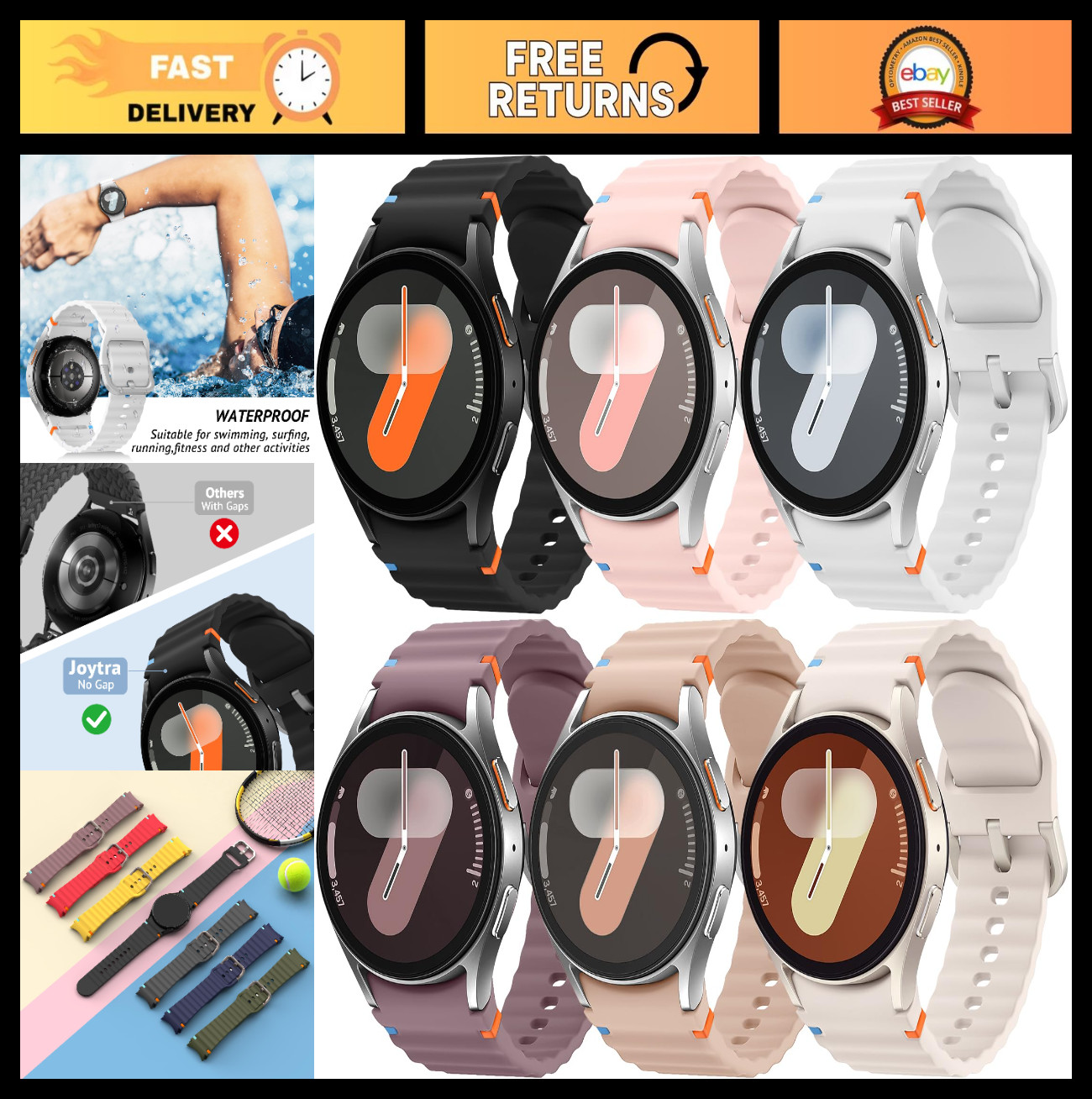 6 Pack Soft Silicone Sport Bands for Samsung Galaxy Watch 7/6/5/4 – No Gap, 40mm