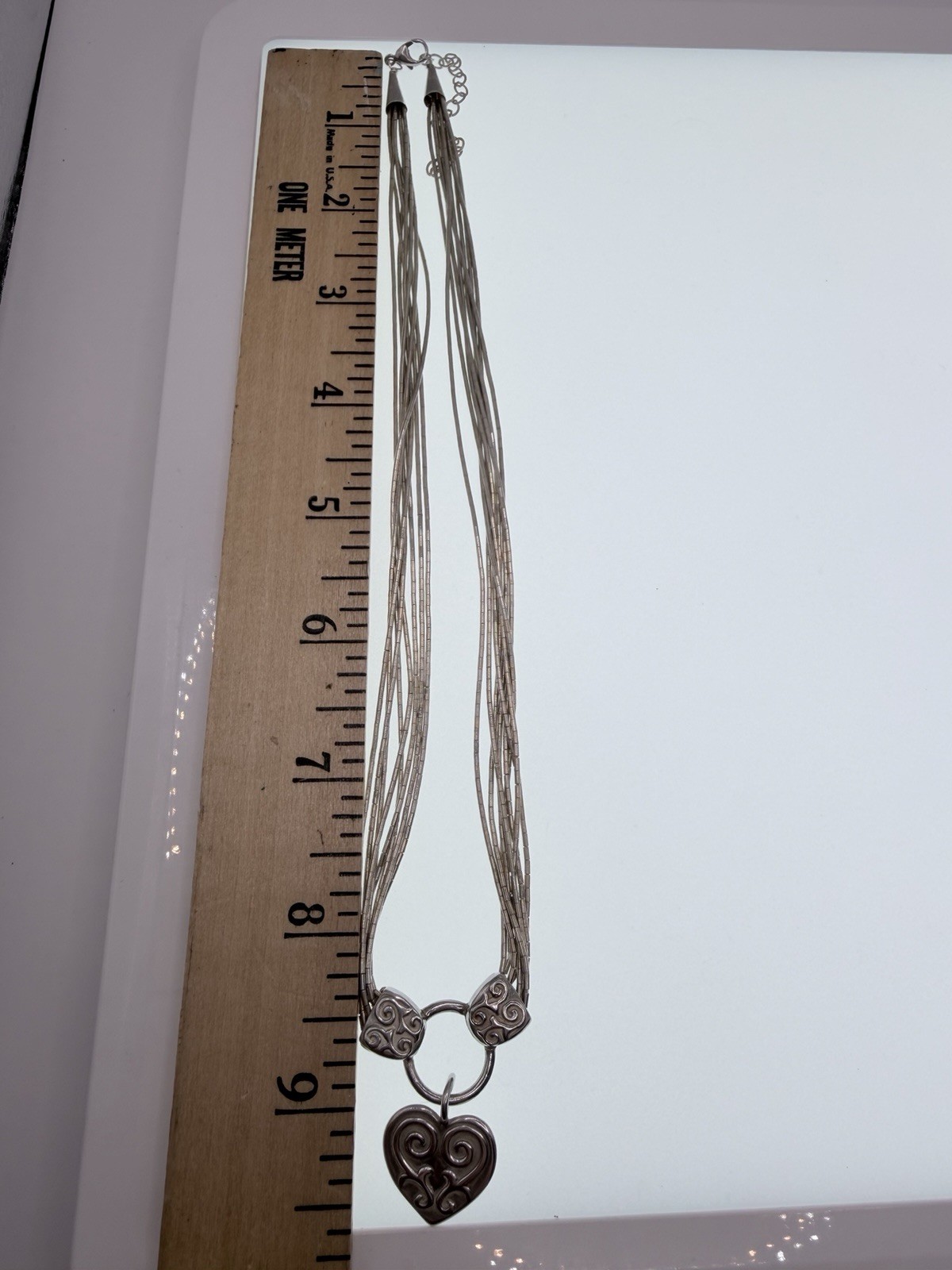 Signed S 925 Sterling Silver 8 Strand Liquid Silver Heart Necklace 17in+3in