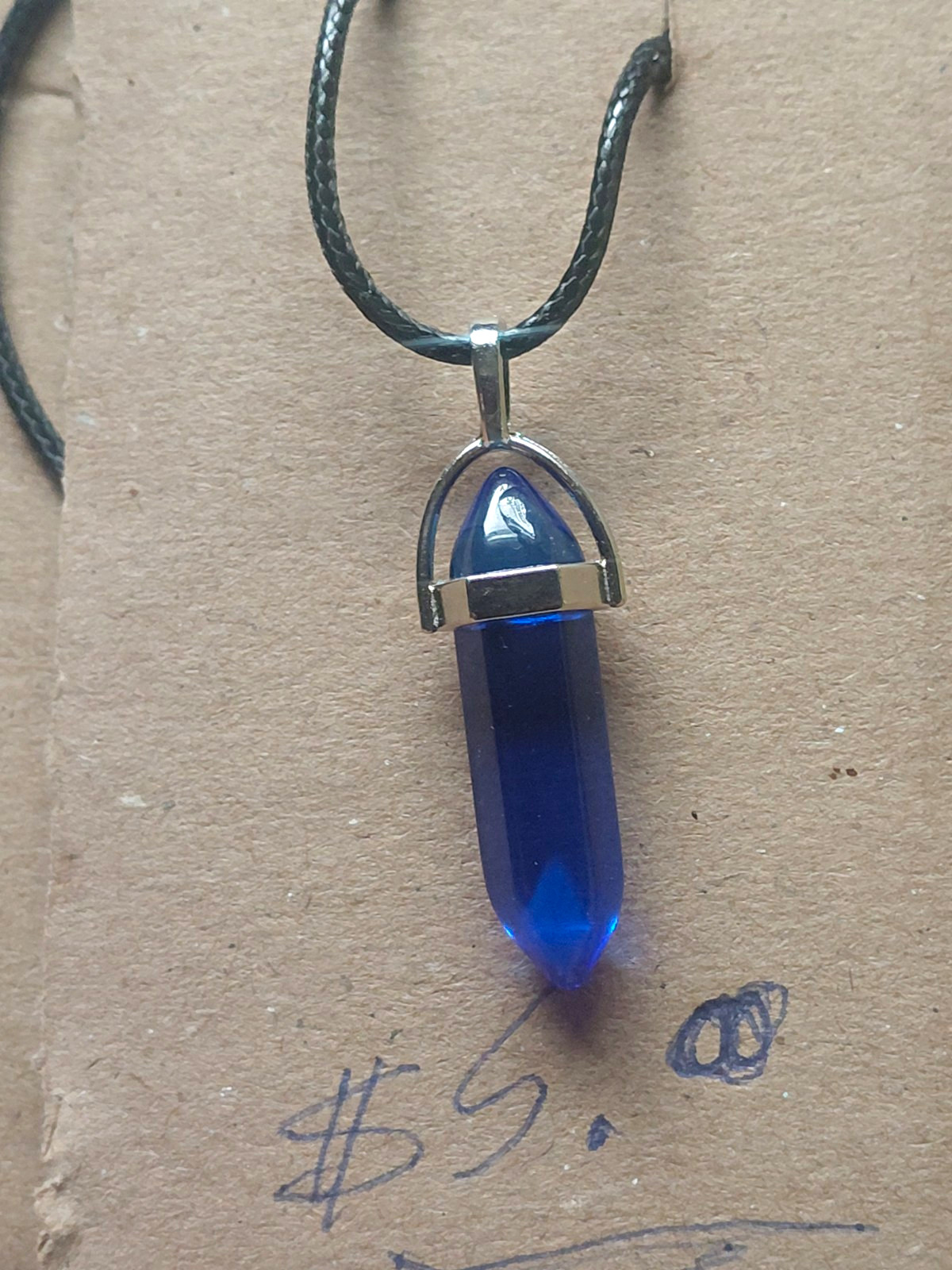 Blue Crystal Point Charm Pendant Necklace Black Cord Chain Silver Tone
