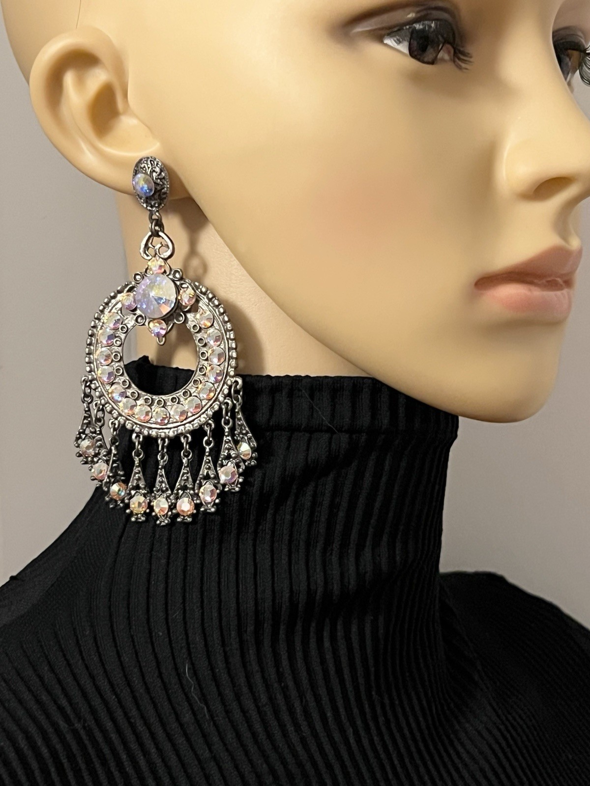 Elo7 Antique Silver Iridescent Rhinestone Tassel Dangling Chandelier Earrings