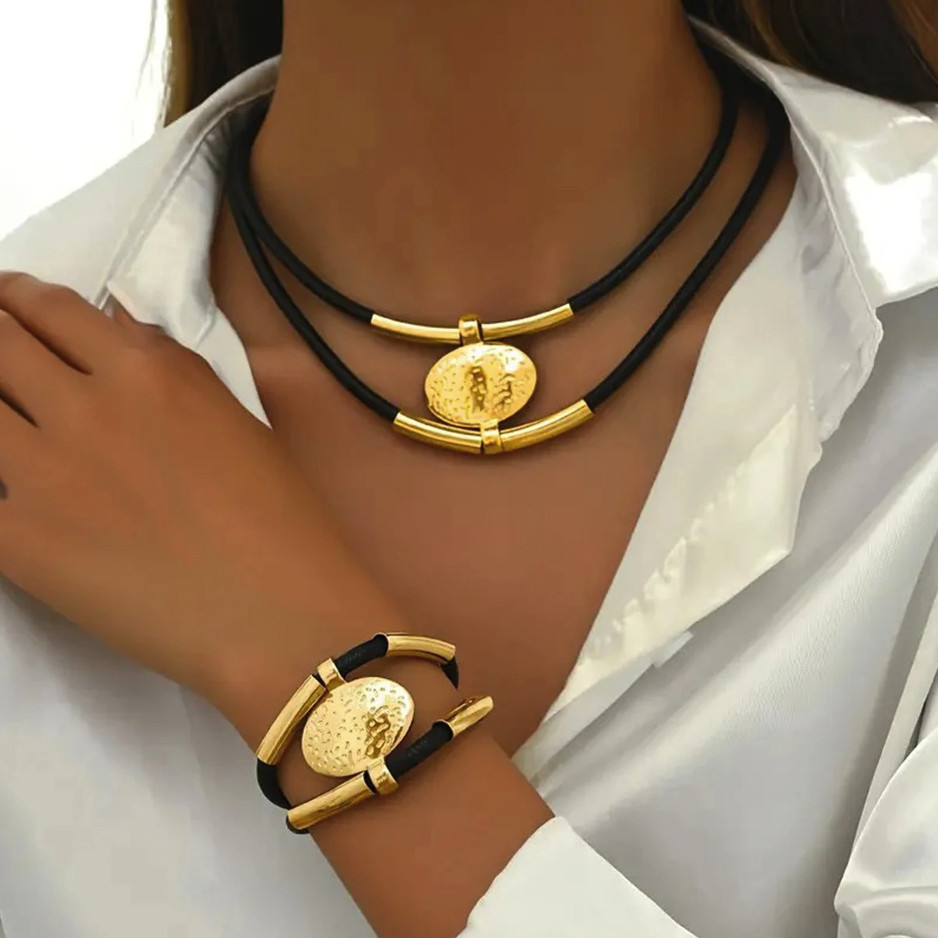 2pcs Vintage Oval Necklace Bracelet Set Gold Silver Faux Leather Chain – NEW