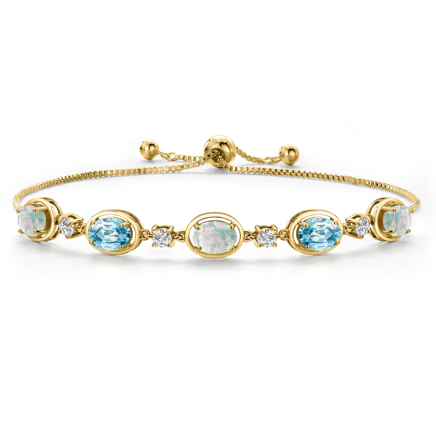18K Yellow Gold Plated Silver Simulated White Opal, Blue Zircon and Lab Grown