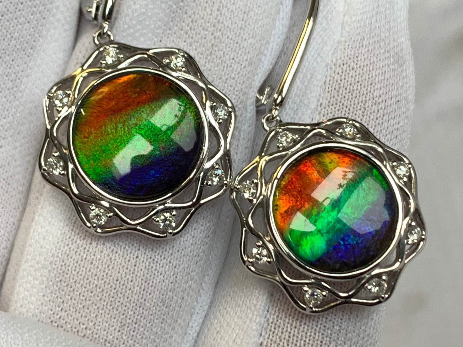 14K White Gold Iridescent Ammolite Earrings 9.54g Jewelry Clear Stones *READ*