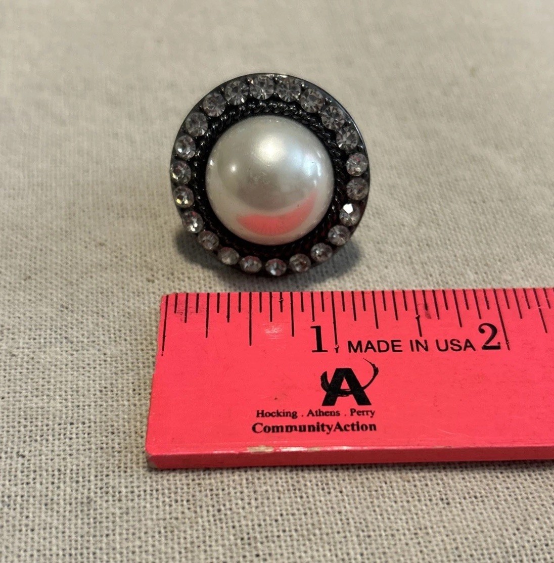 Vintage Cocktail Ring Faux Pearl & Rhinestone Stretch To Fit