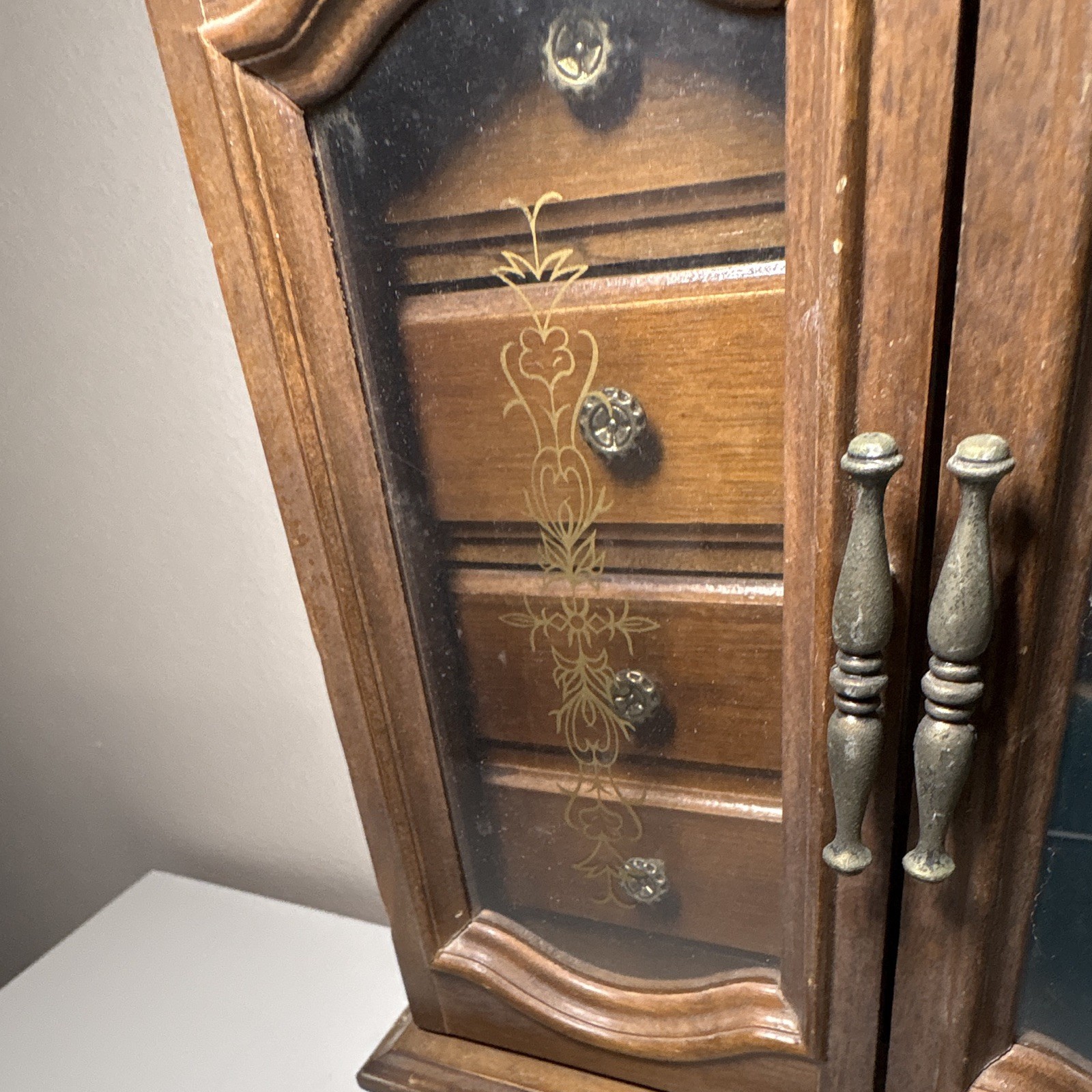 Wood Jewelry Box Armoire, Brown w/ Glass Doors & Mirror, Blue Lined, Vintage