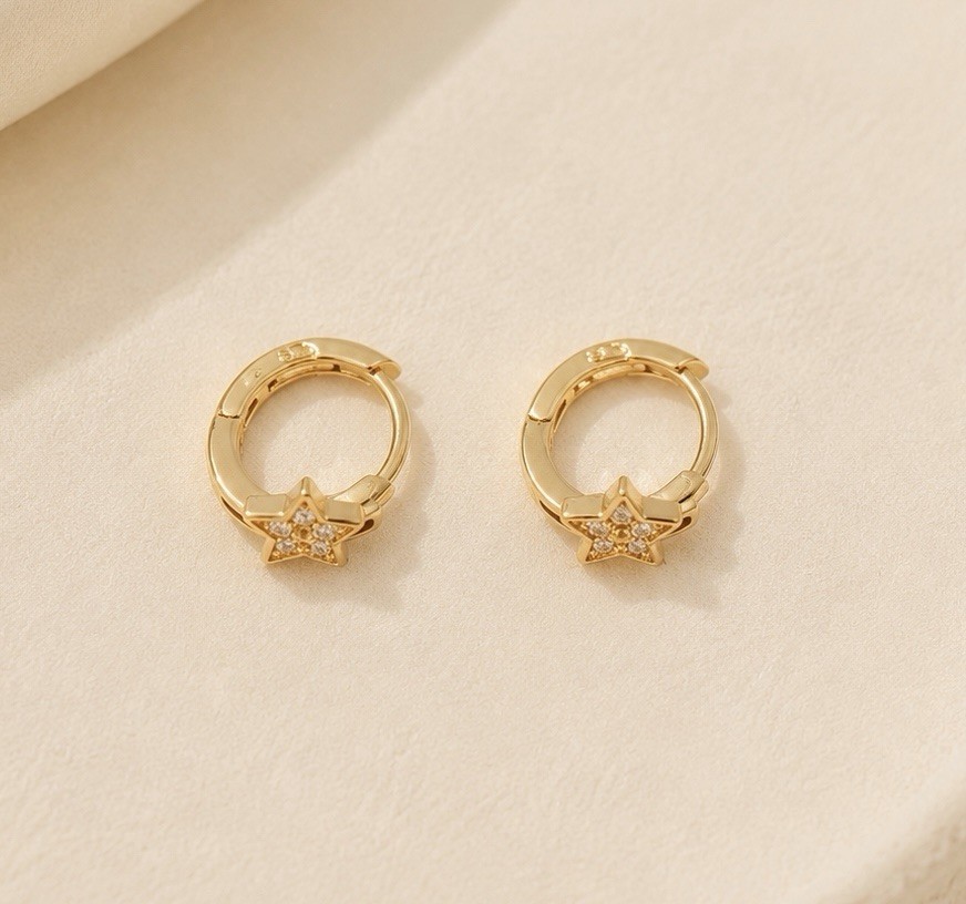 18K Gold Plated Star Huggie Hoop Earrings 9mm Small CZ Unisex Earrings 177