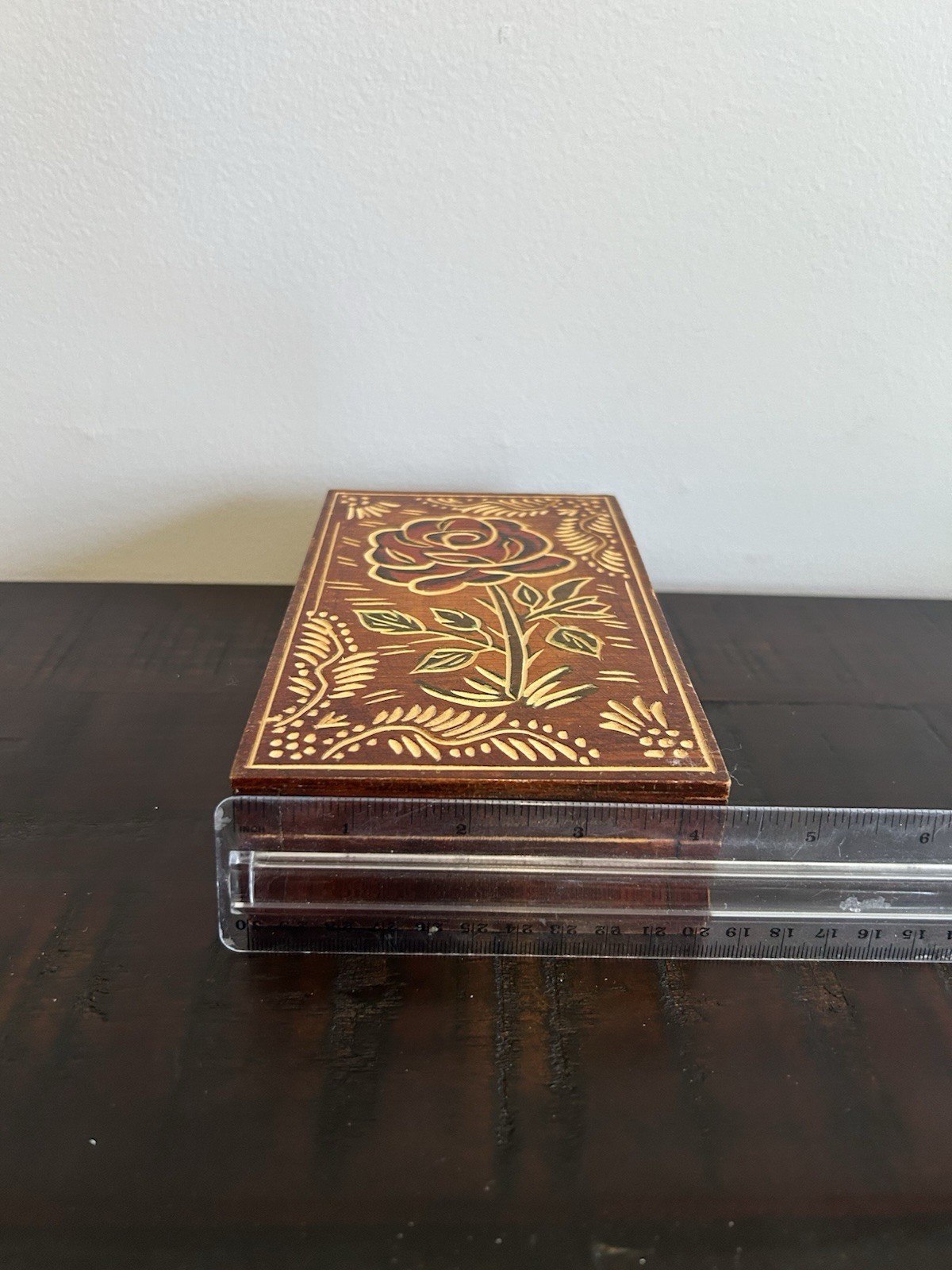 Vintage Hand Carved Wooden Jewelry Box Likely From Mid 20th Century