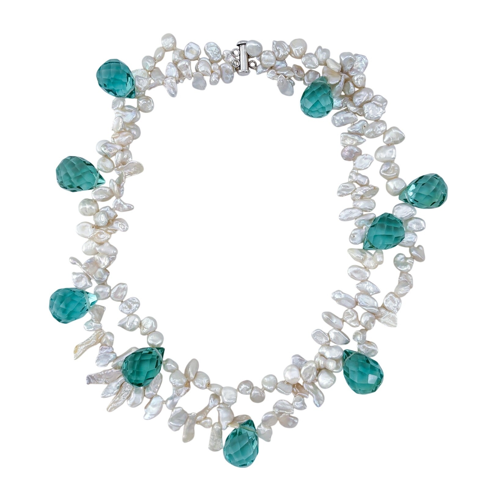 Vintage Sterling Silver 925 Pearl Teal Faceted Crystal Prism Necklace 19″