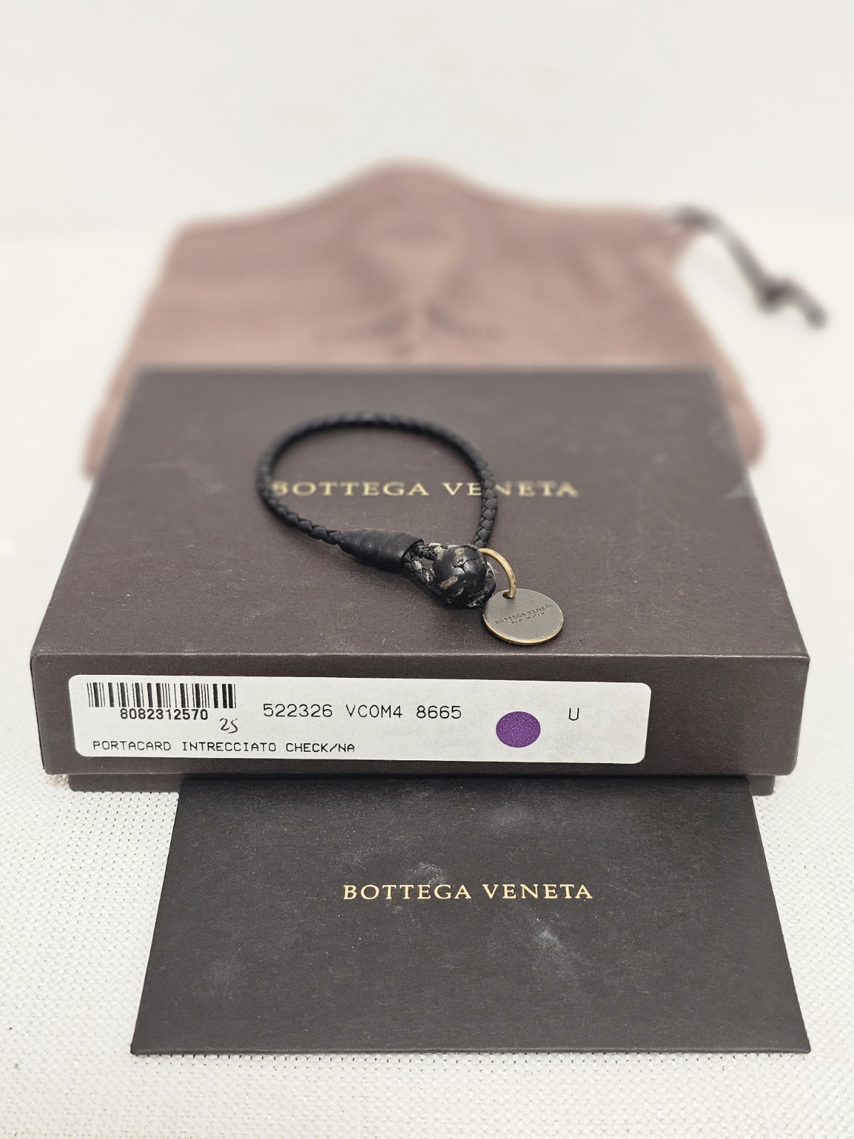 Authentic Bottega Veneta Black Braided Leather Knot Bracelet with Logo Tag & Box