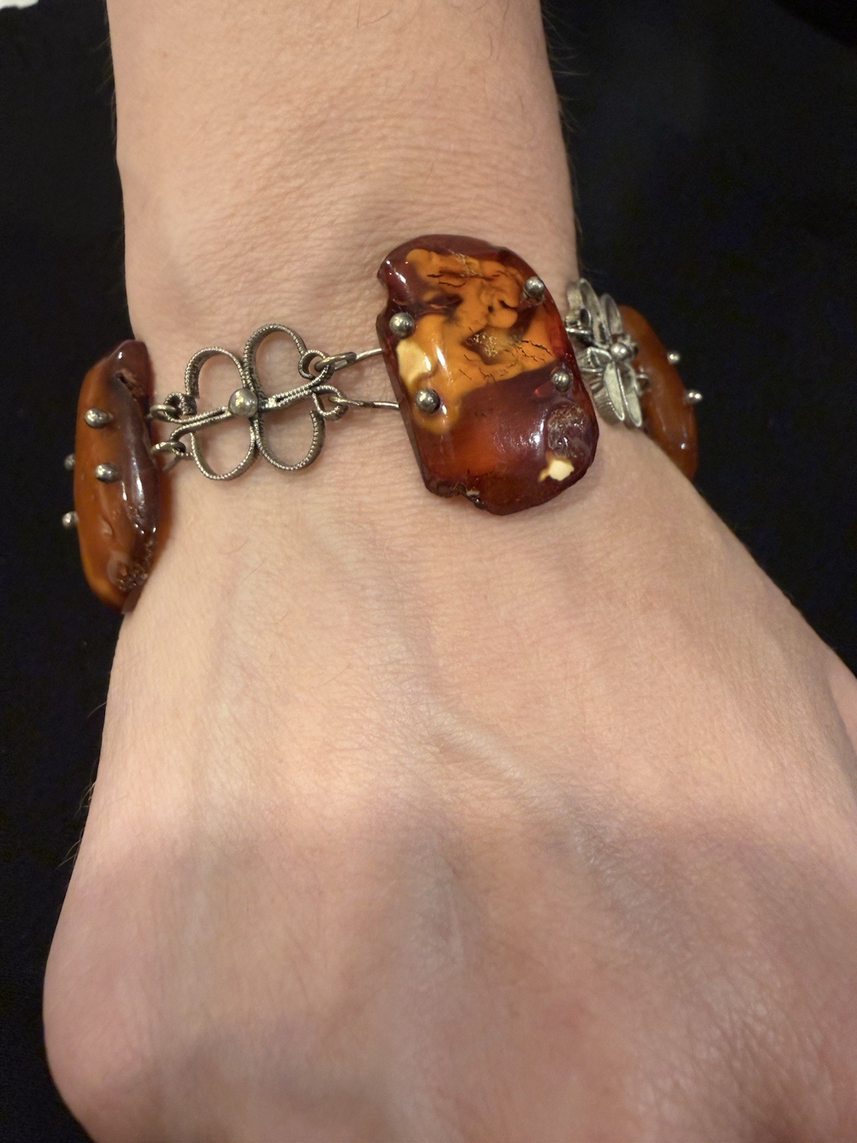 Vintage Genuine Amber Bracelet Large Freeform Nugget Stones Orange Cognac 25g