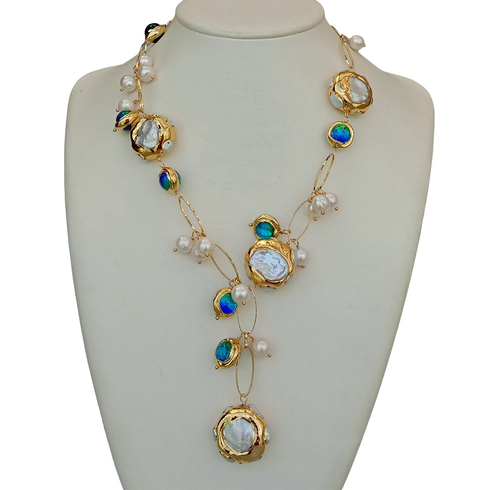 21″Freshwater Cultured White Keshi Pearl Blue Murano Glass Necklace