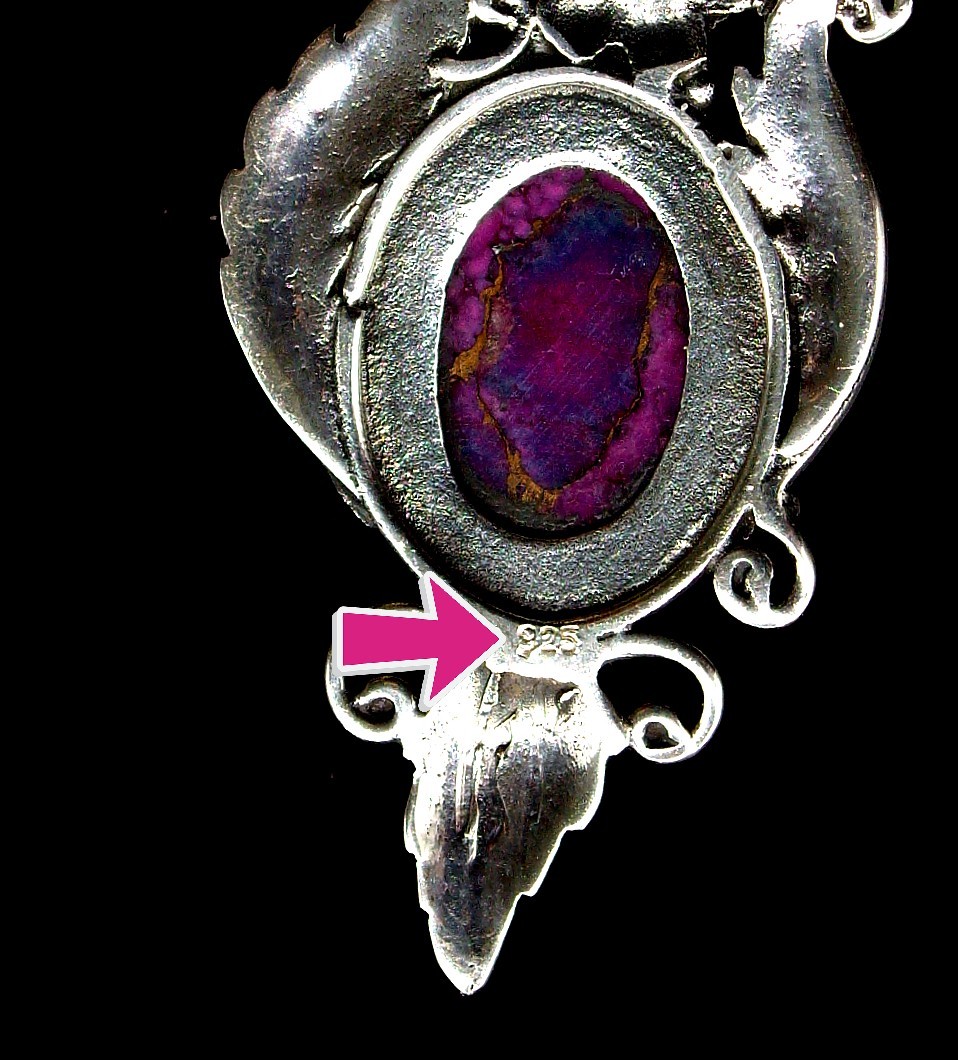 Vintage 925 Silver Purple Turquoise With Copper Enhancer 2″ x 1″ Marked 925