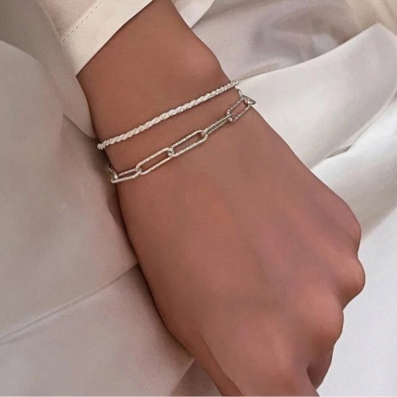 Sterling Silver 925 Textured Paperclip Link Chain Bracelet Adjustable Minimalist