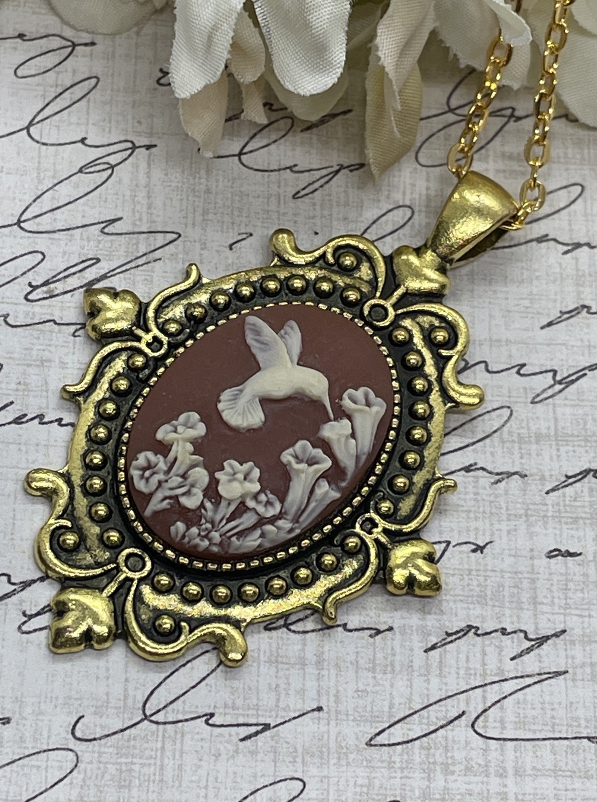 Anniversary Gold Cameo Hummingbird Easter Mother’s Day Birthday wedding Necklace