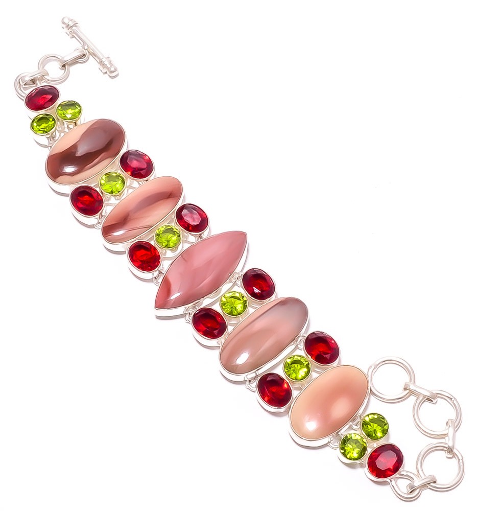 Natural Polychrome Jasper & Garnet Gemstone 925 Silver Plated Bracelet 7-8″ T8