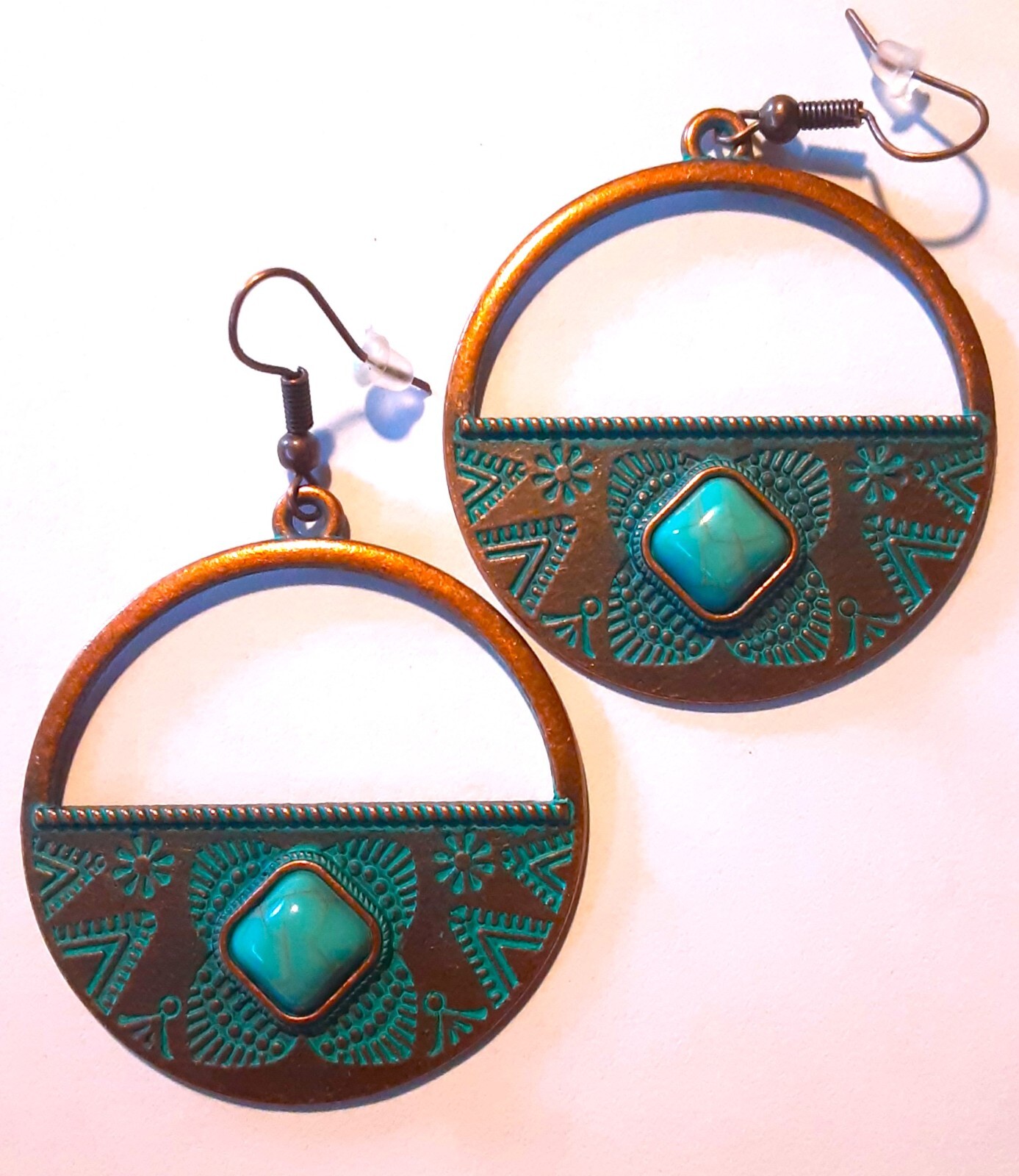 AGED COPPER & HOWLITE Tribal Inspired LARGE HOOPS earring FISH HOOK artisan #552