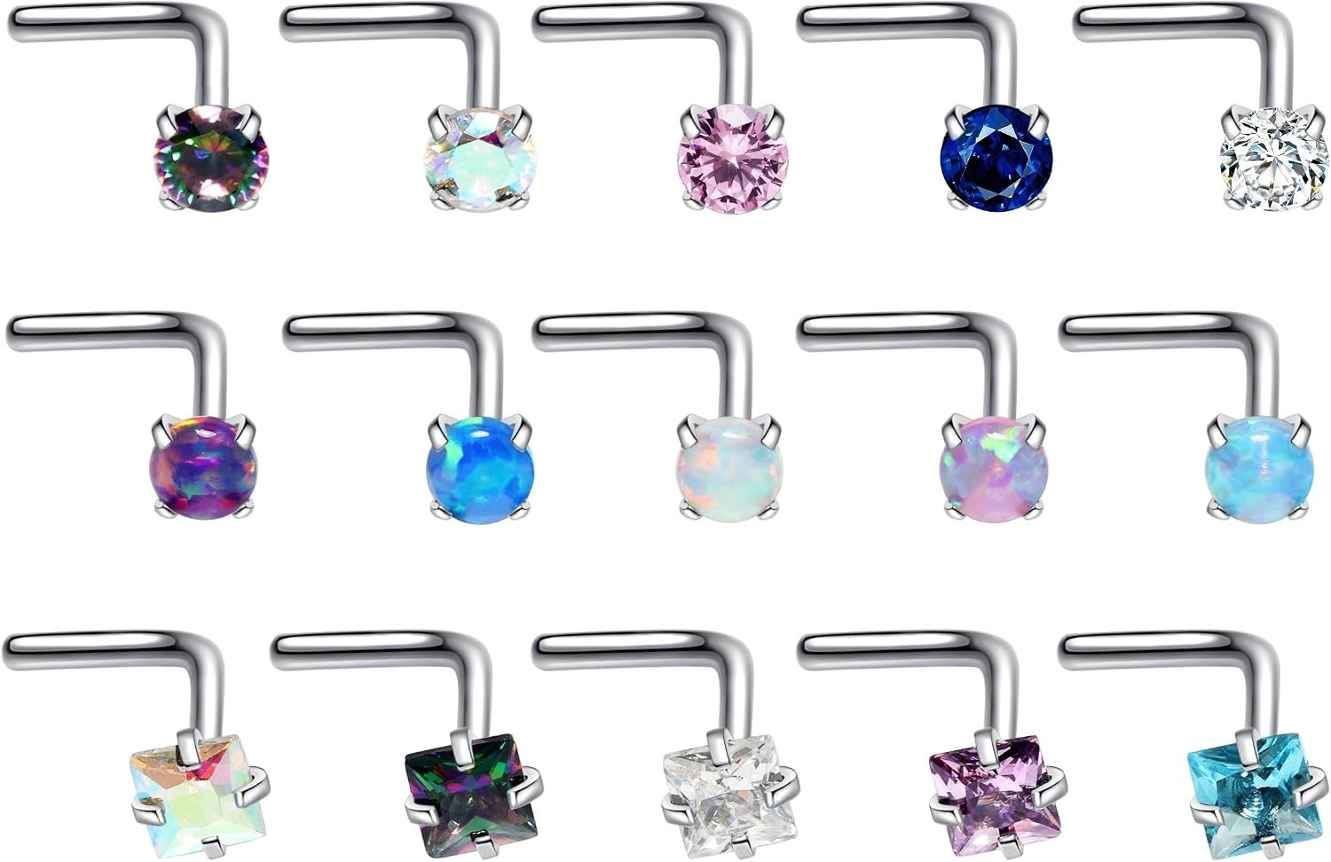 15 Pcs 20G L-Shaped Nose Rings with CZ & Opal – Hypoallergenic Steel Jewelry