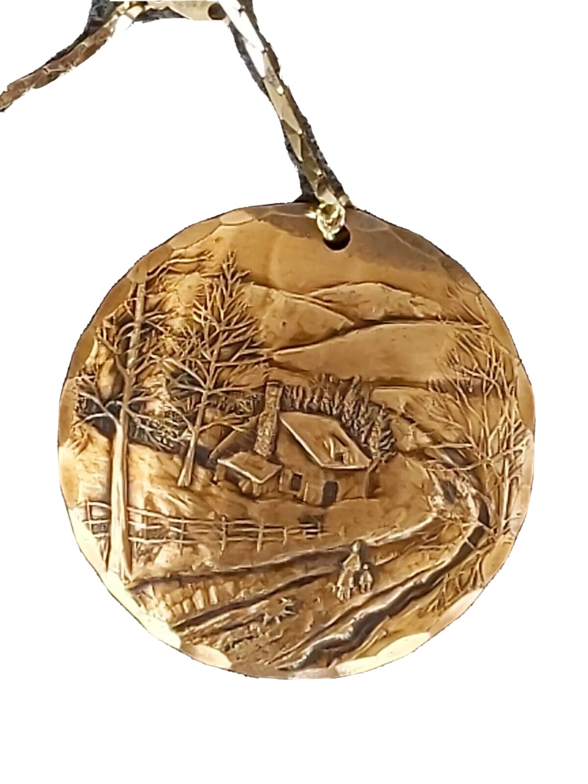 Natale winter scene medallion pendant 2 1/8 in d; dated 1982 handmade bronze