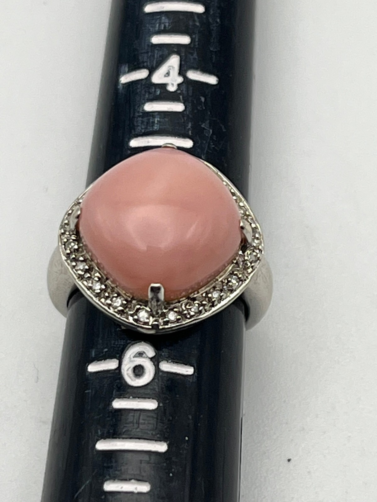 14K Solid White Gold Pink Coral Stone and Diamond Halo Ring Size 5.25