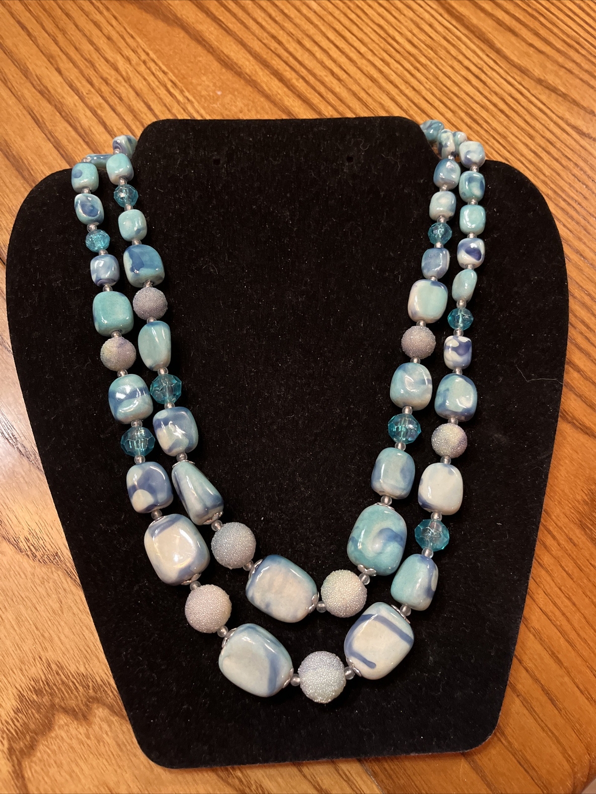 Vtg Aqua Two Strand Lucite Acrylic Bead 17-19″ Necklace Hong Kong