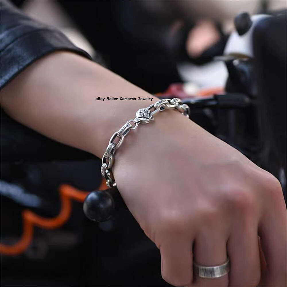 Solid S925 Sterling Silver Bracelet 8mm Six Words Cable O Link Chain 7.1-8.7in