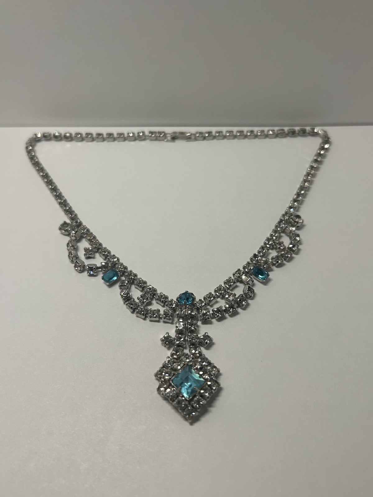 Silver Tone Tennis Chain Statement Necklace Blue Square Dangle Pendant