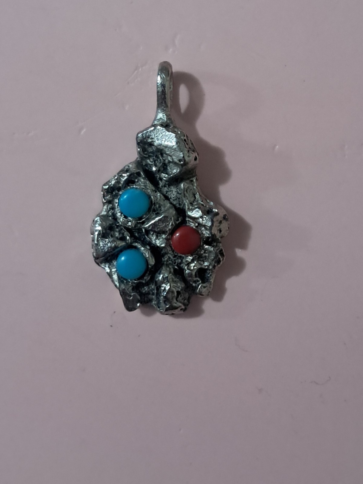 Silver-Tone Irregular Pendant Charm, Round Blue Stone & Red Accents, 3 Stones