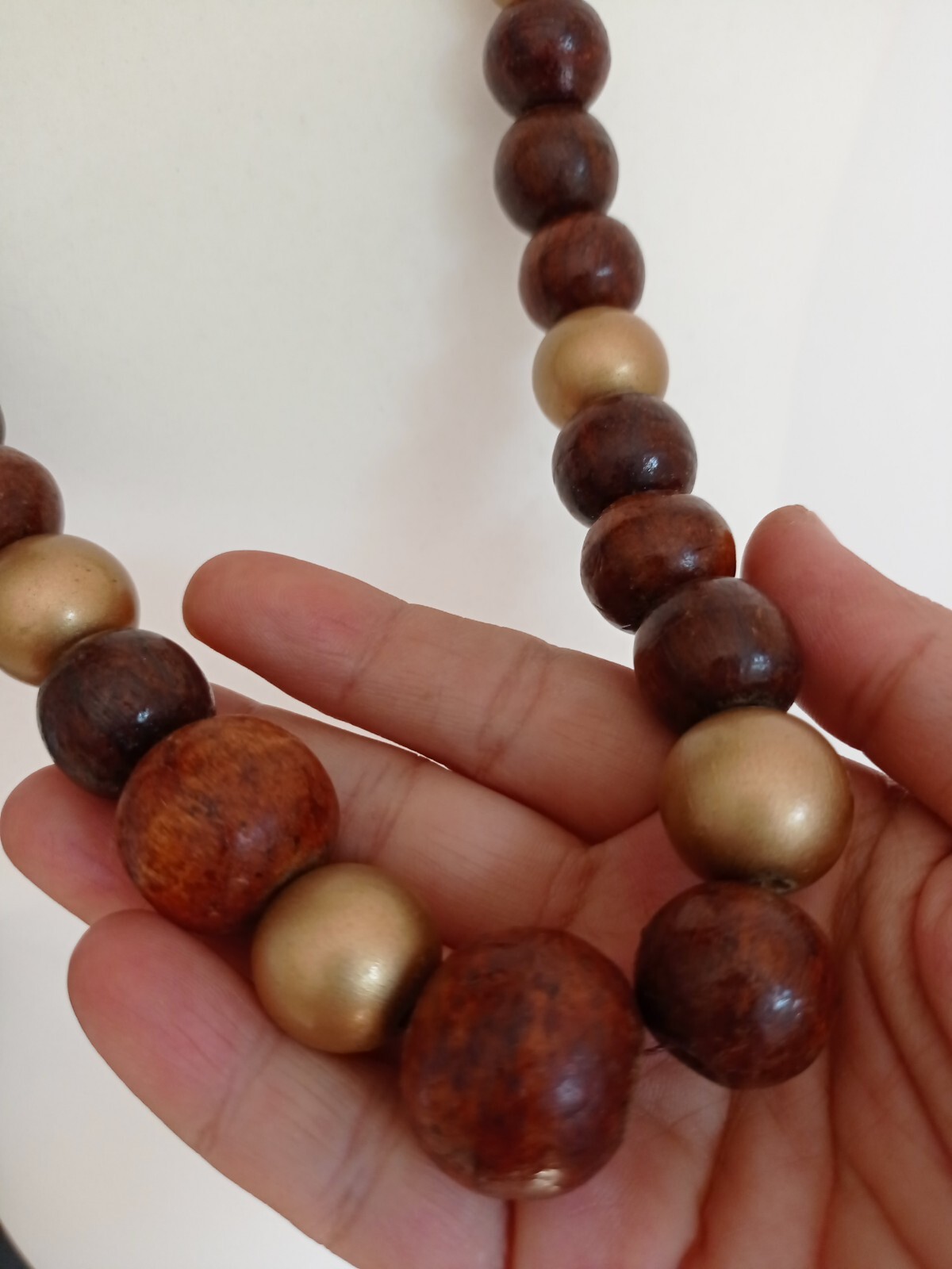 Boho Statement Chunky Round Wooden Beaded Brown & Gold Colour Necklace-82cm Long