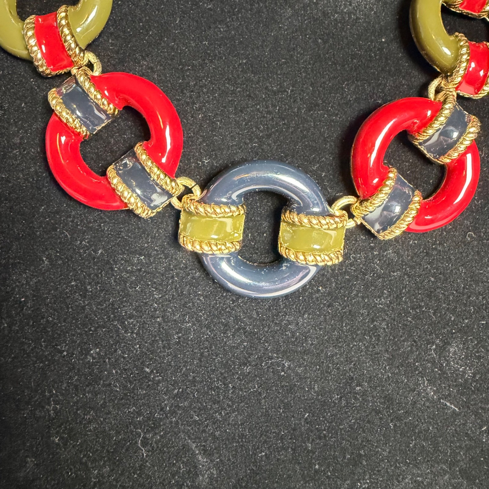 Talbots Gold Tone Enamel Link Necklace Red Blue Olive Green Statement 21″