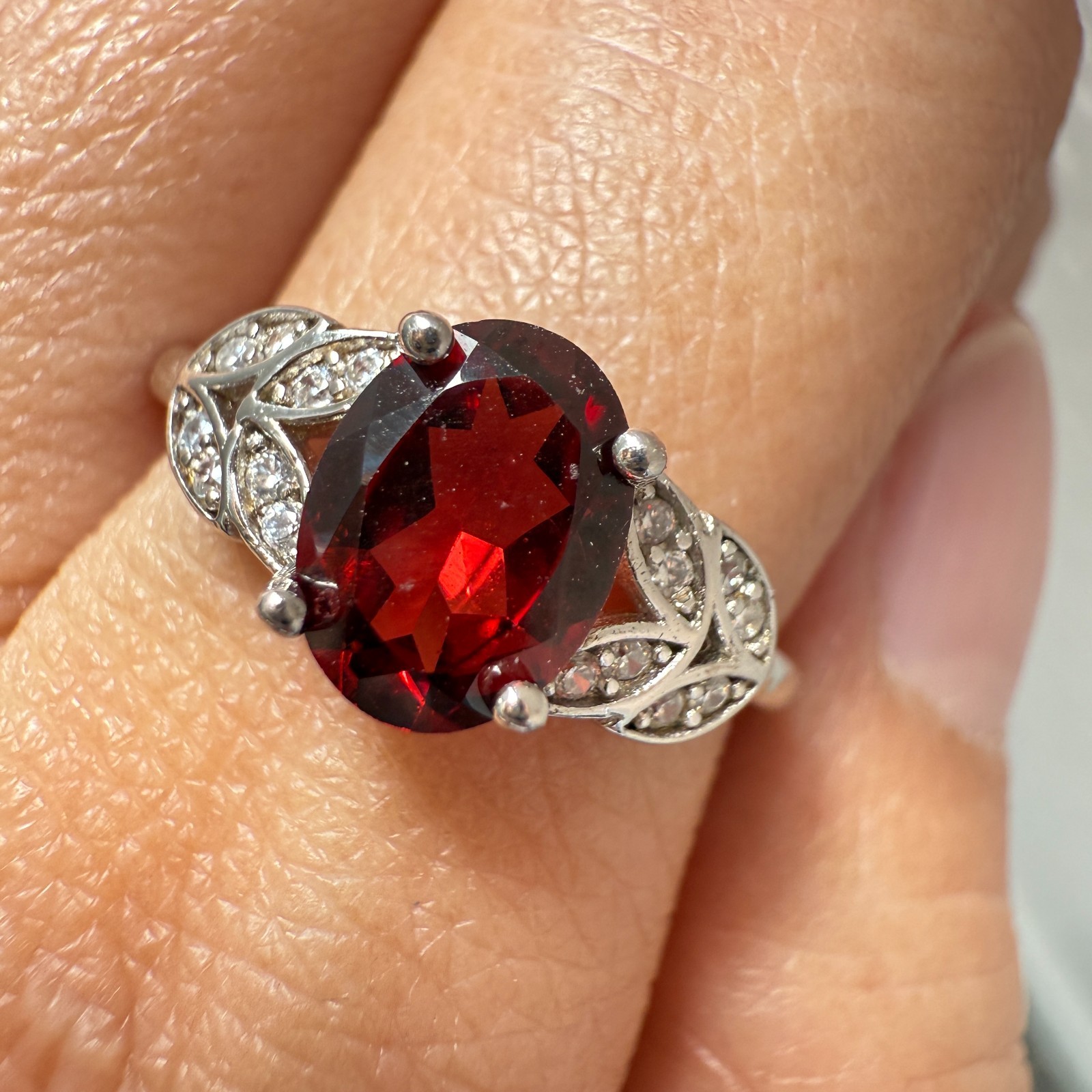 925 Sterling Silver Ring 8x6mm Natural Rhodolite Garnet Gemstone Zircon Flower
