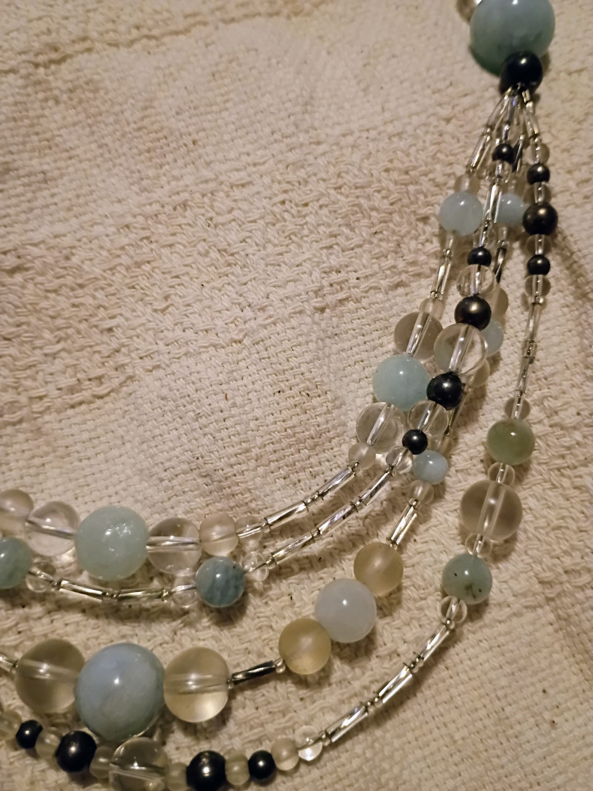 Multi-Strand Layered Blue & Clear Glass Beaded Necklace Silver Barrel Mag. Clasp